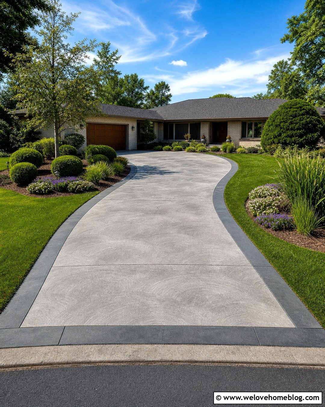 Swirl Finish Concrete Driveway With Soft Curves - 20 New Concrete Driveway Ideas