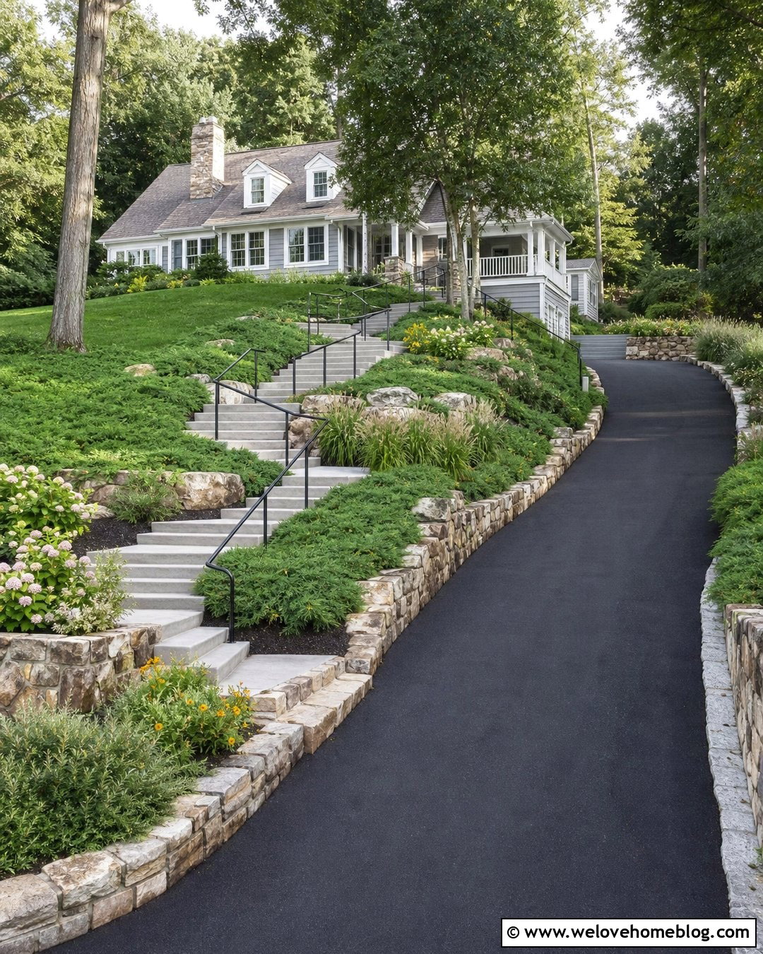 Switchback Steps Beside a Long Driveway - 20 Steep Driveway Steps Ideas