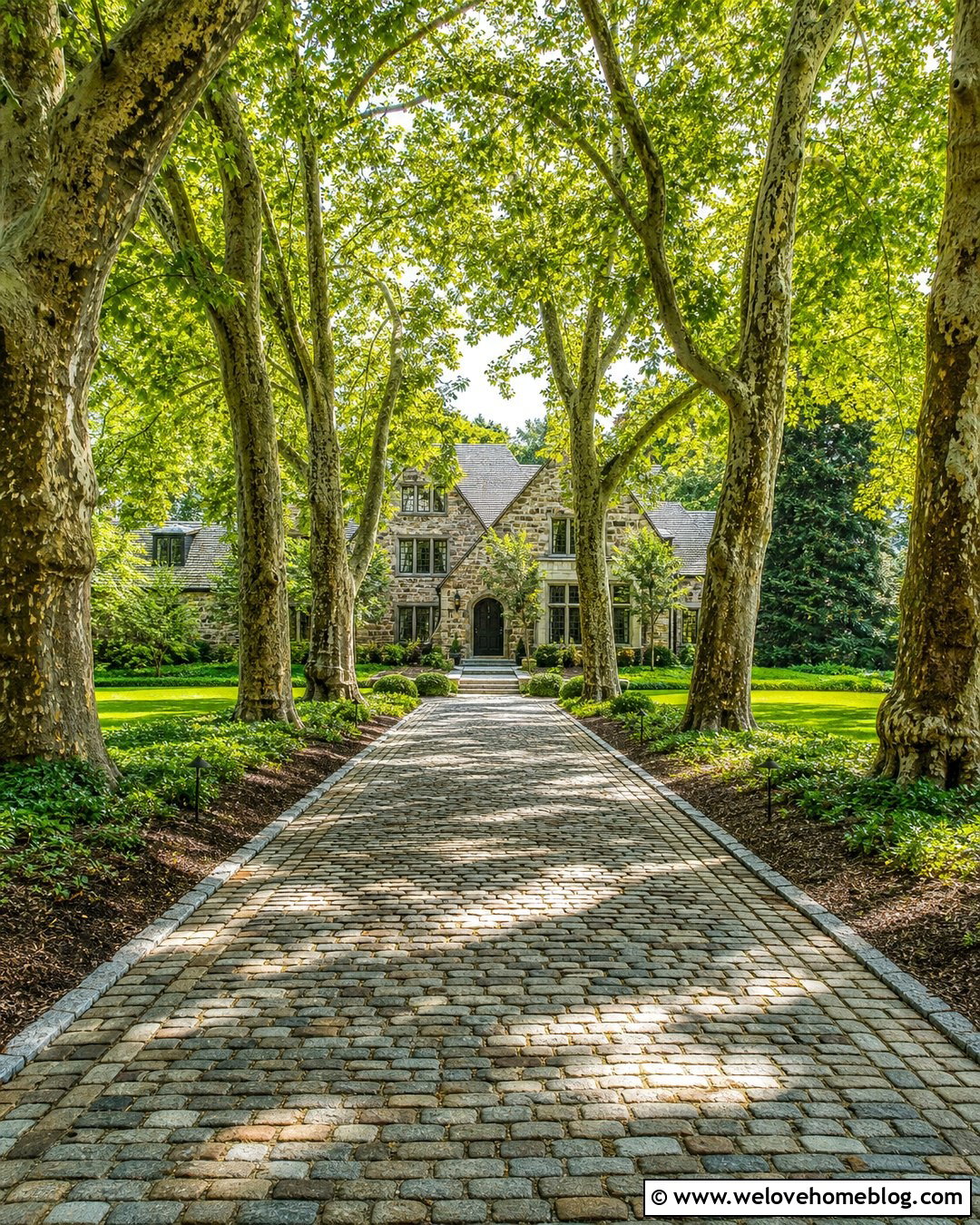 Sycamore Tree Canopy Cobblestone Driveway - 20 Tree Canopy Driveway Ideas