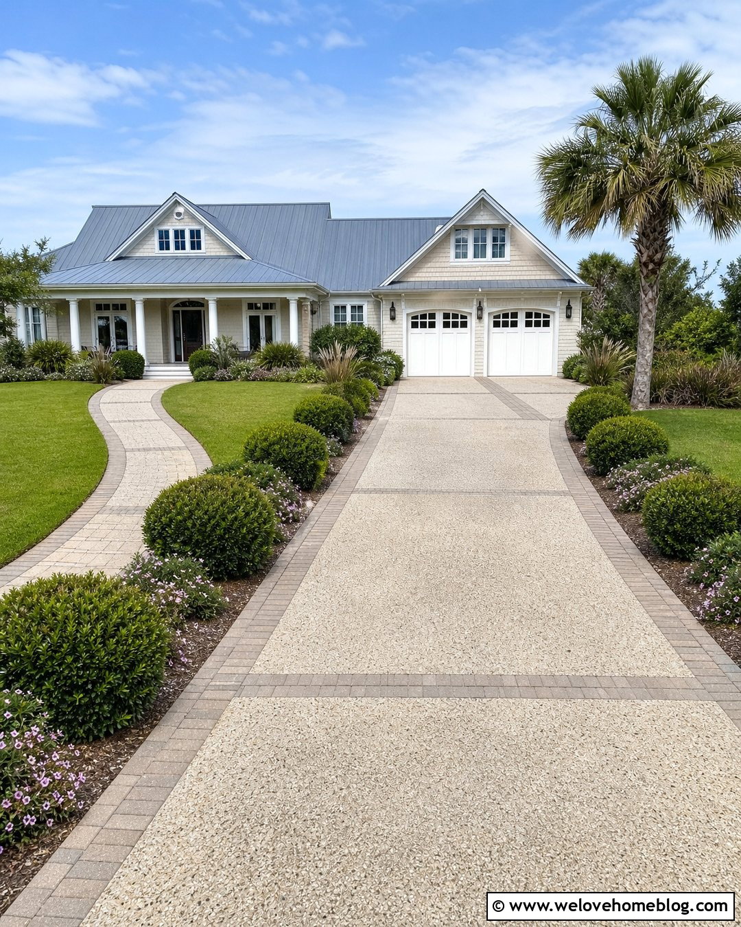 Tabby Concrete Driveway With Paver Ribbons - 20 Tabby Concrete Driveway Ideas