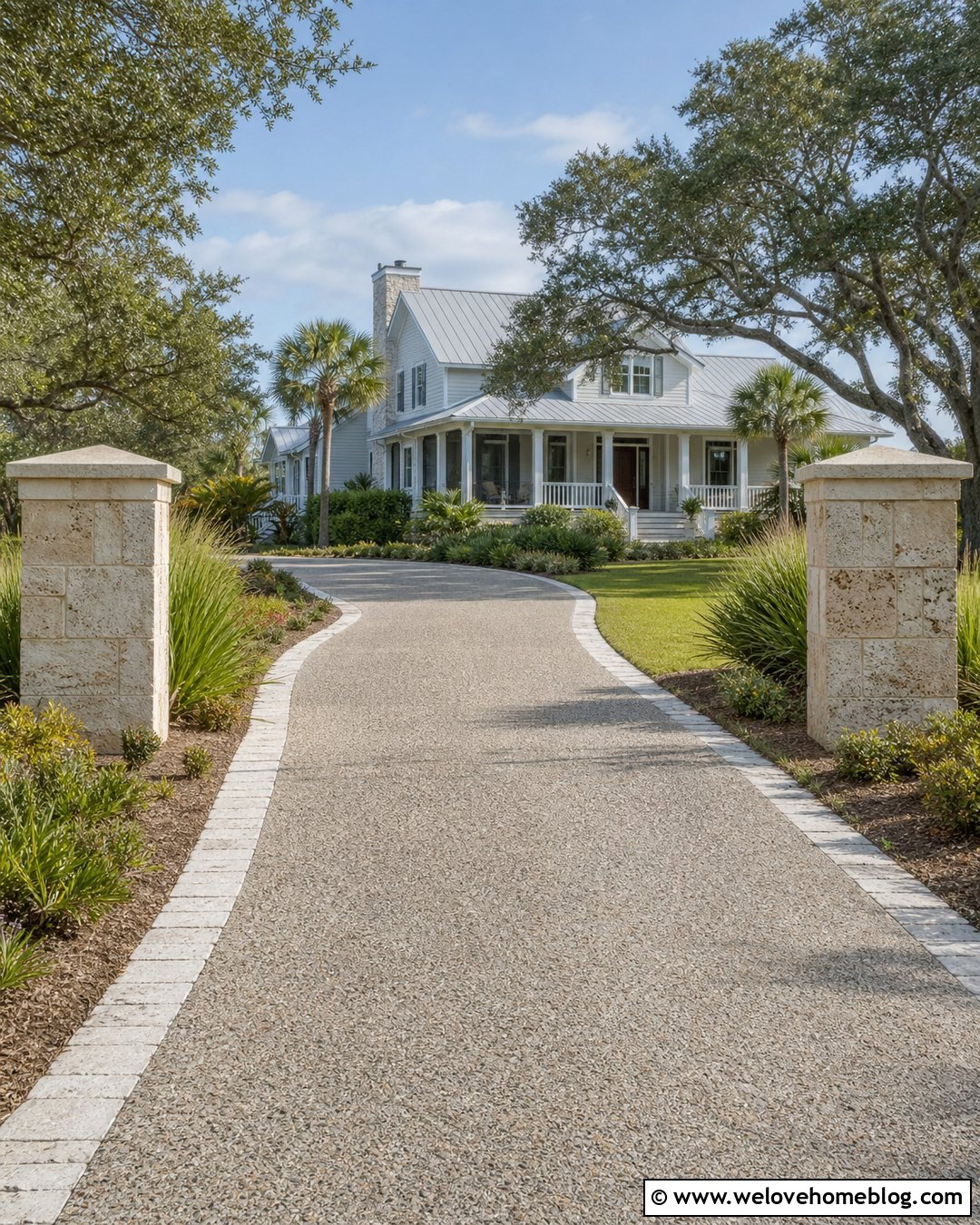 Tabby Concrete Driveway With Stone Pillars - 20 Tabby Concrete Driveway Ideas