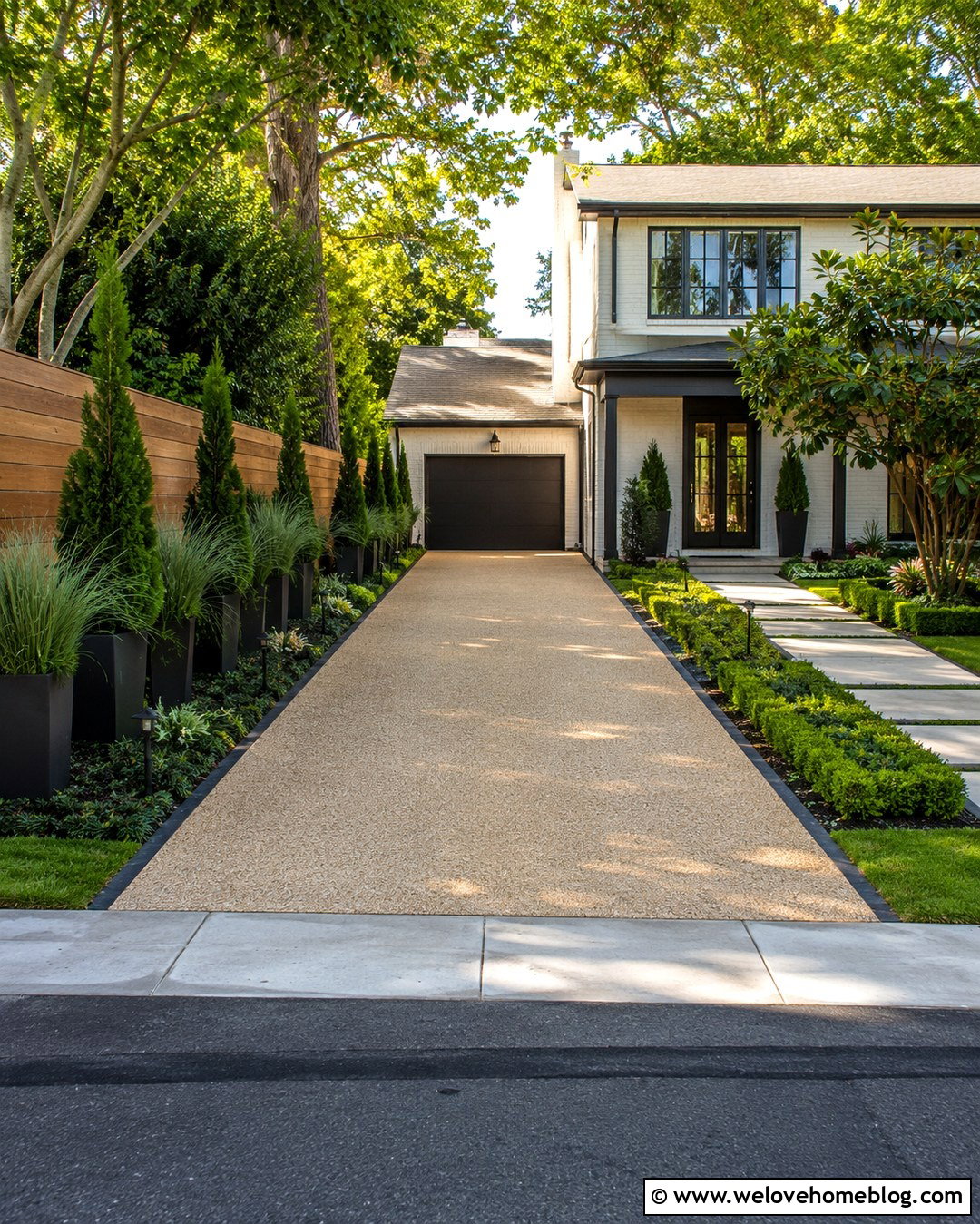 Tall Pots Along A Narrow Driveway - 20 Pots Along Driveway Ideas