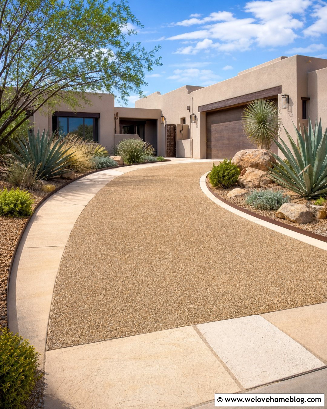Tan Aggregate Driveway With Desert Landscaping - 30 Aggregate Driveway Ideas