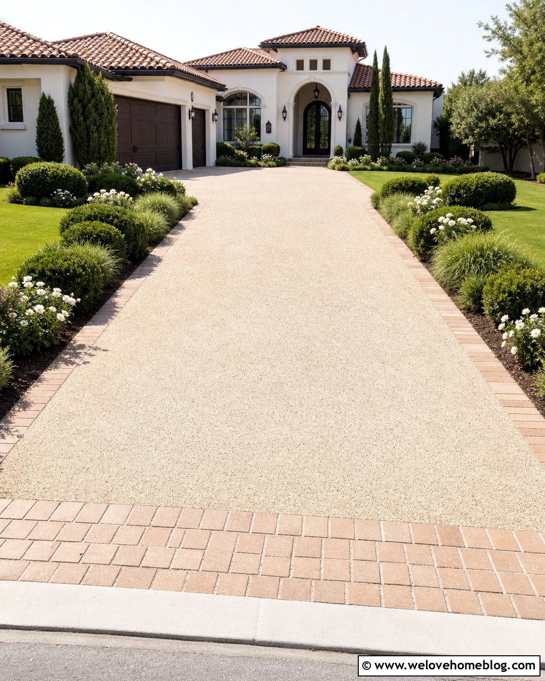 Tan Brick Edging With An Exposed Aggregate Driveway - 20 brick driveway edging ideas