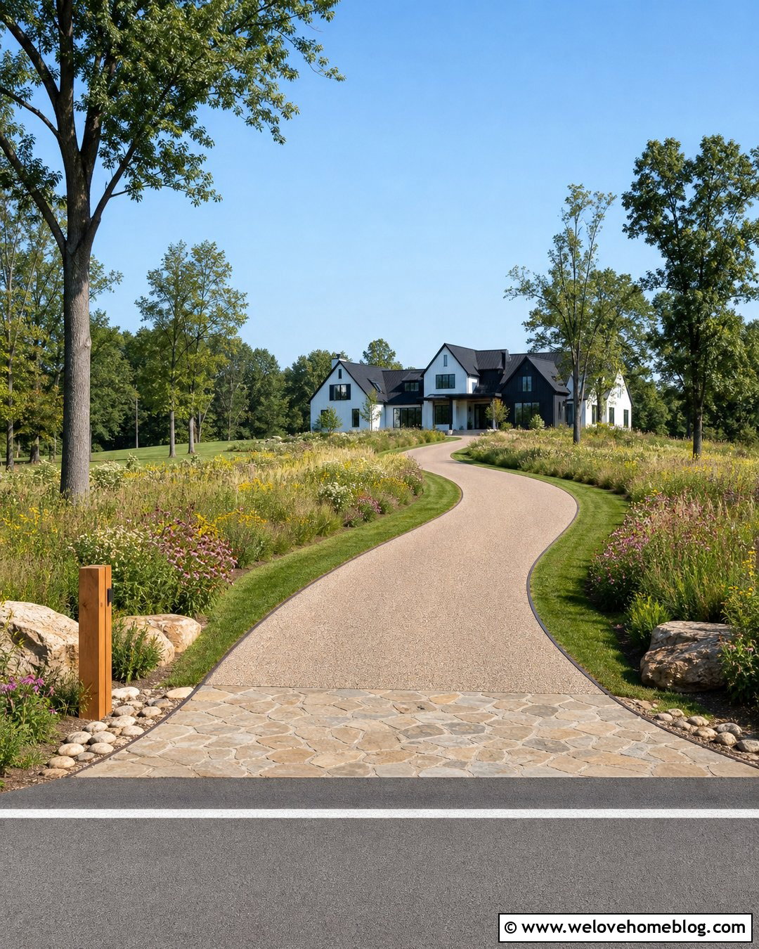 Tan Chip Seal Driveway With Meadow Borders - 25 Natural Driveway Ideas