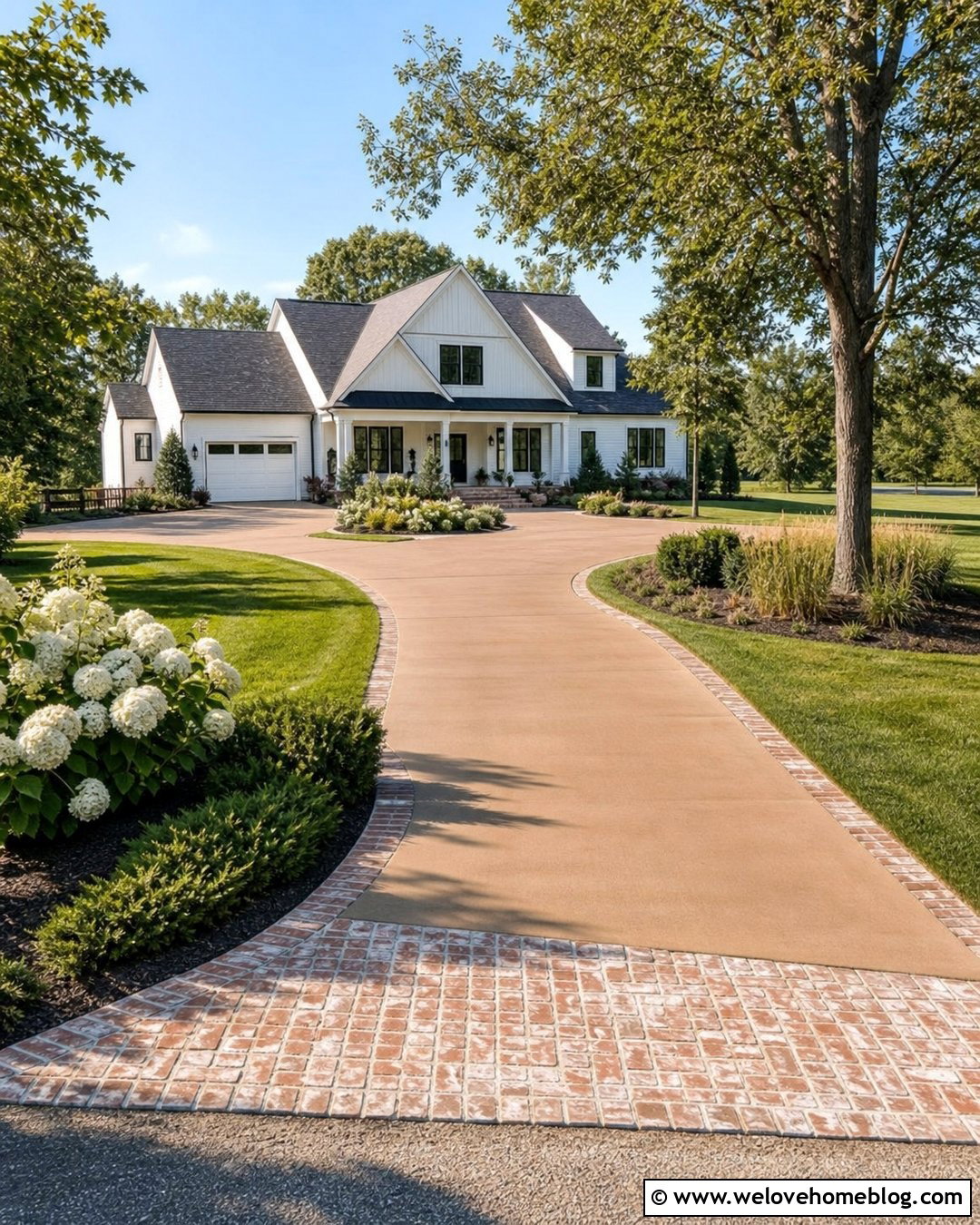 Tan Concrete Driveway With Farmhouse Landscaping - 20 Large Concrete Driveway Ideas