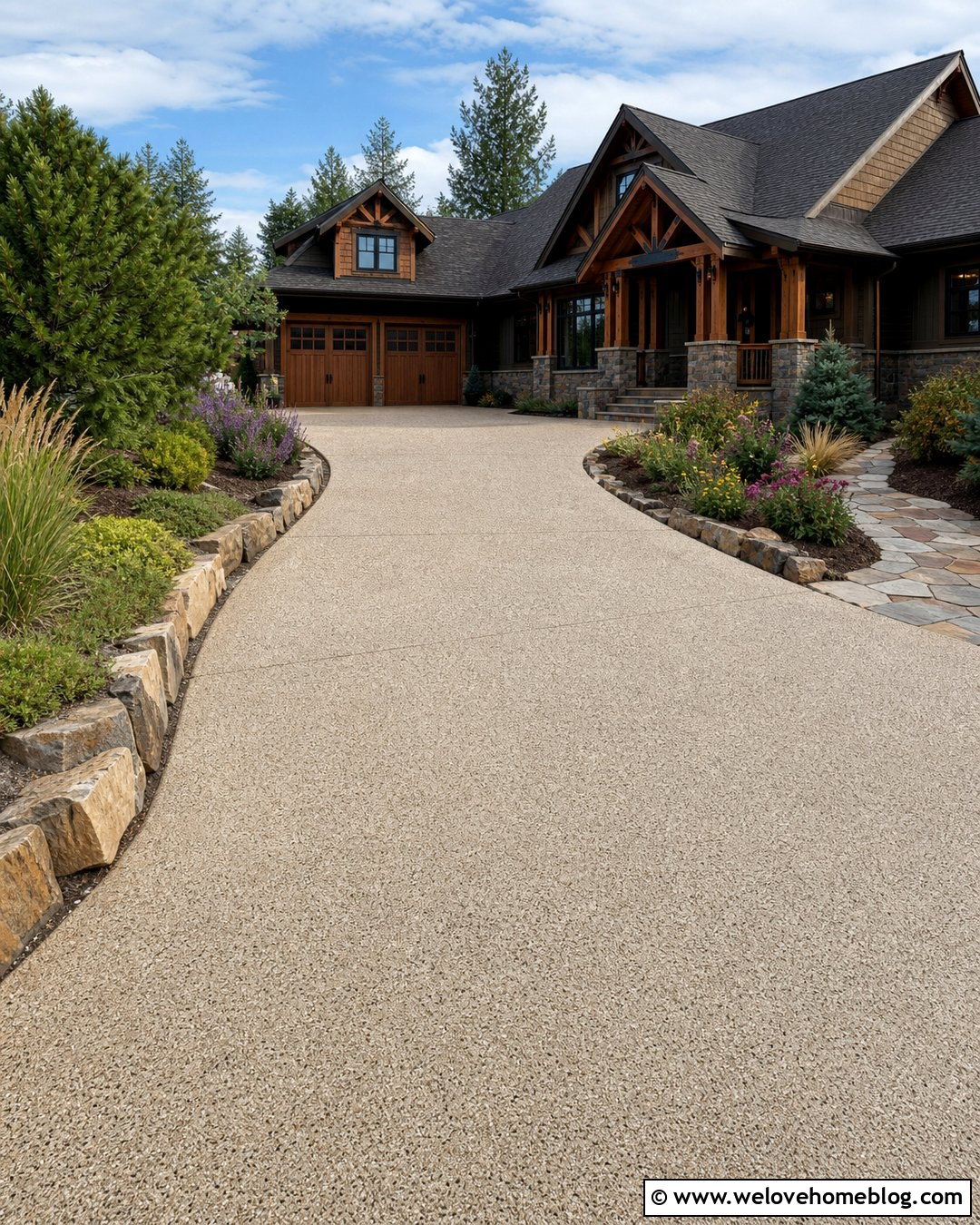 Tan Epoxy Driveway With Stone Edging - 20 Epoxy Driveway Ideas
