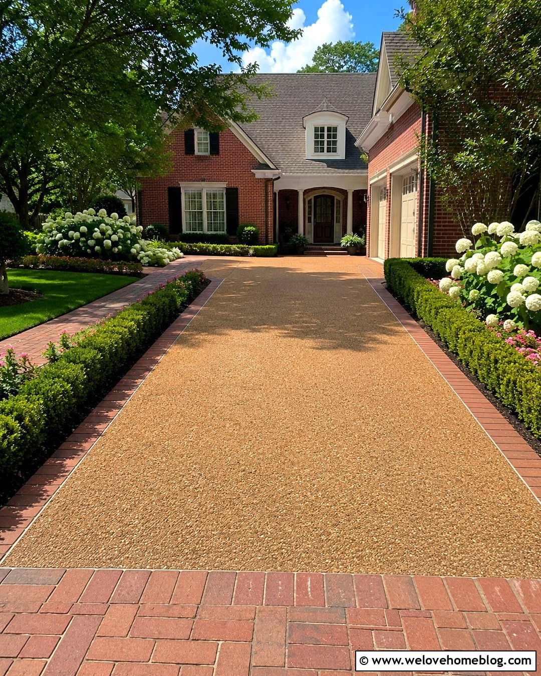 Tan Exposed Aggregate Driveway With Brick Border - 20 Exposed Aggregate Driveway Ideas