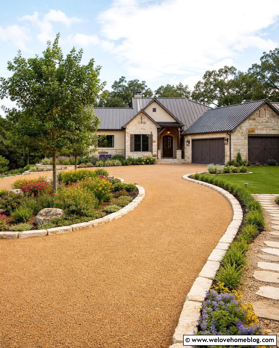 Tan Gravel Driveway With Curved Landscaping - 20 Loose Stone Driveway Ideas