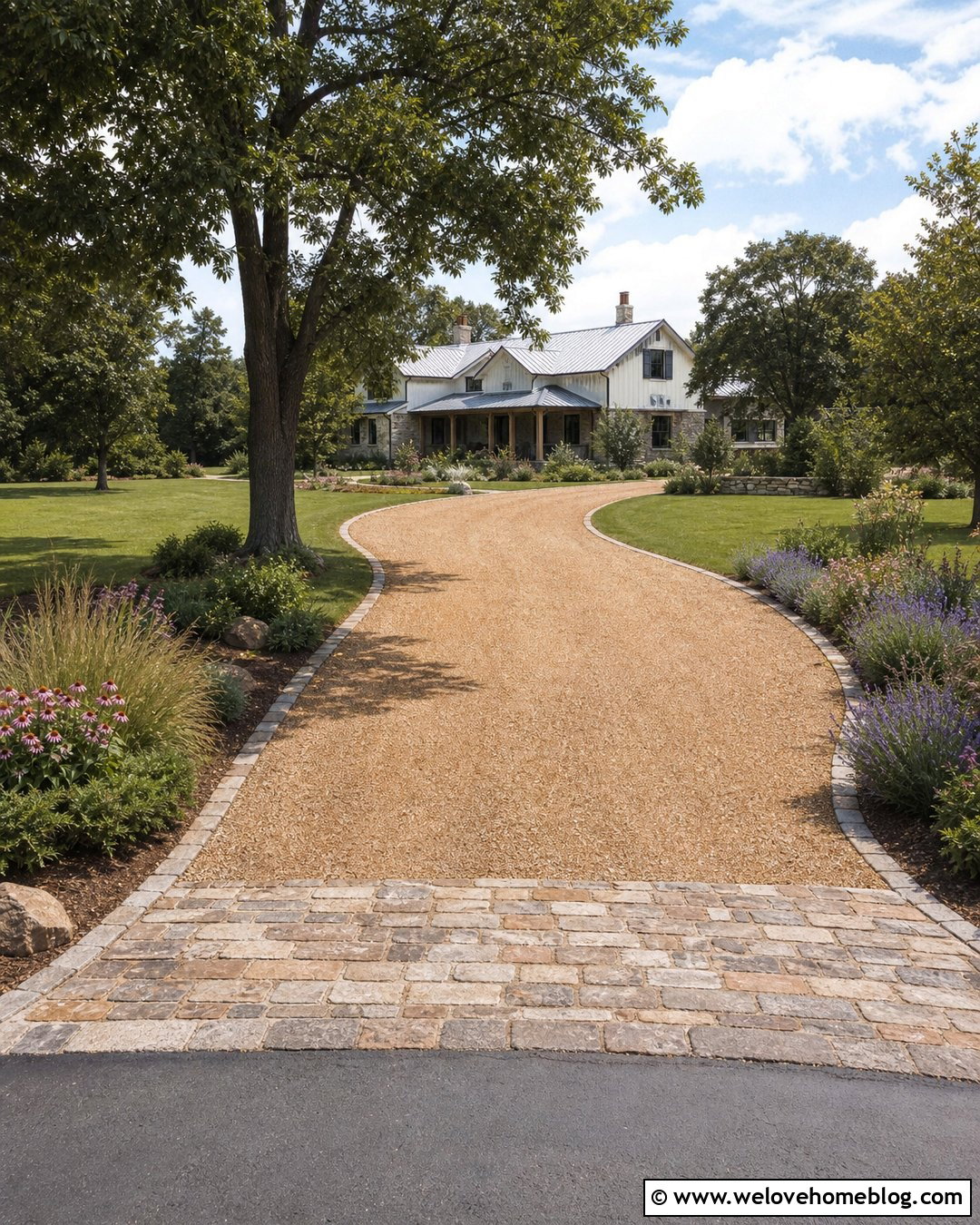 Tan Gravel Driveway With Rustic Cobblestone Border - 20 Cobblestone And Gravel Driveway Ideas