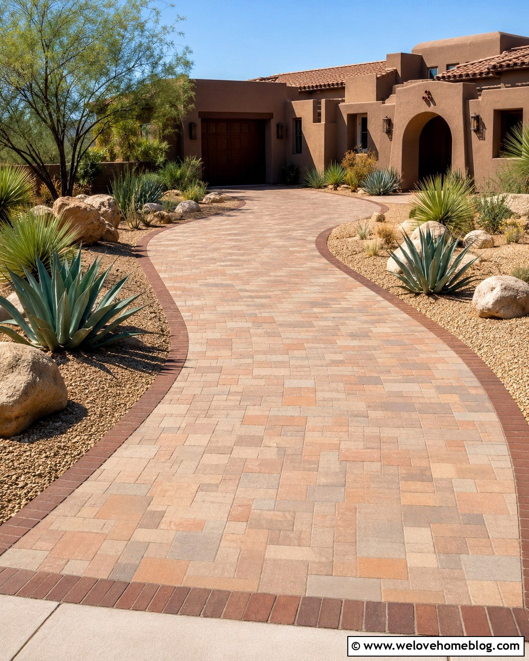 Tan Paved Driveway With Southwest House - 20 Paved Driveway With House Ideas