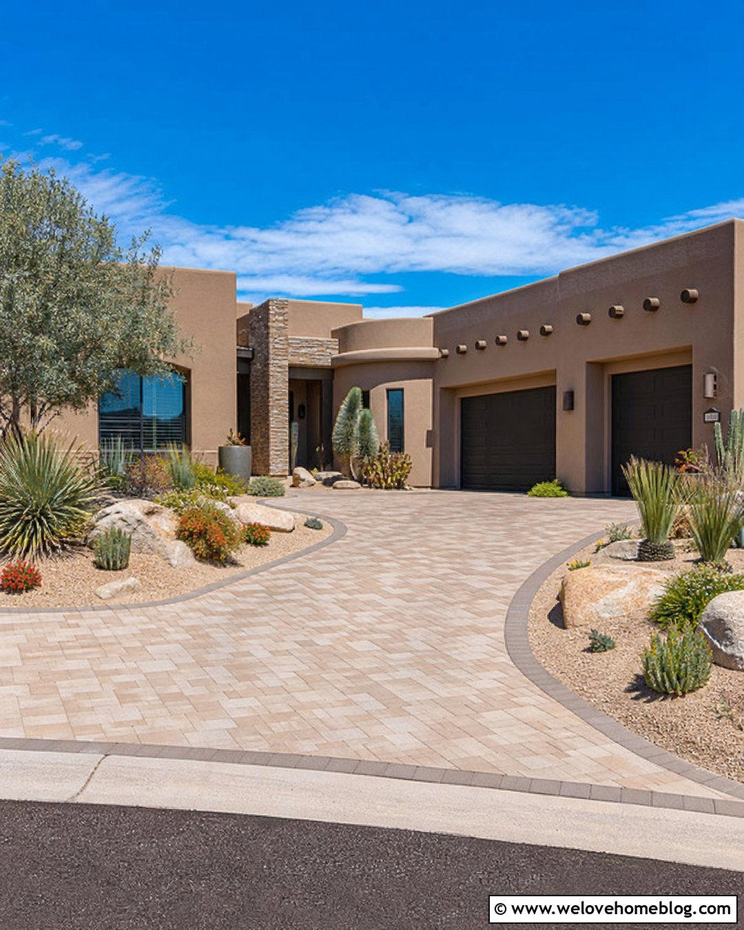 Tan Paver Driveway With Desert Landscaping - 40 driveway paving ideas