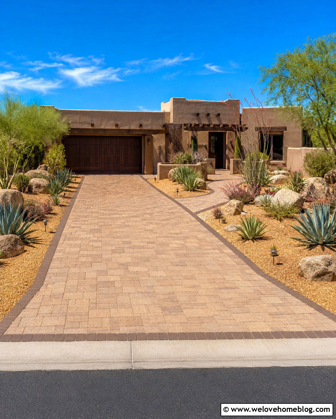 Tan Paver Driveway With Desert Landscaping - 20 paver driveway landscaping ideas
