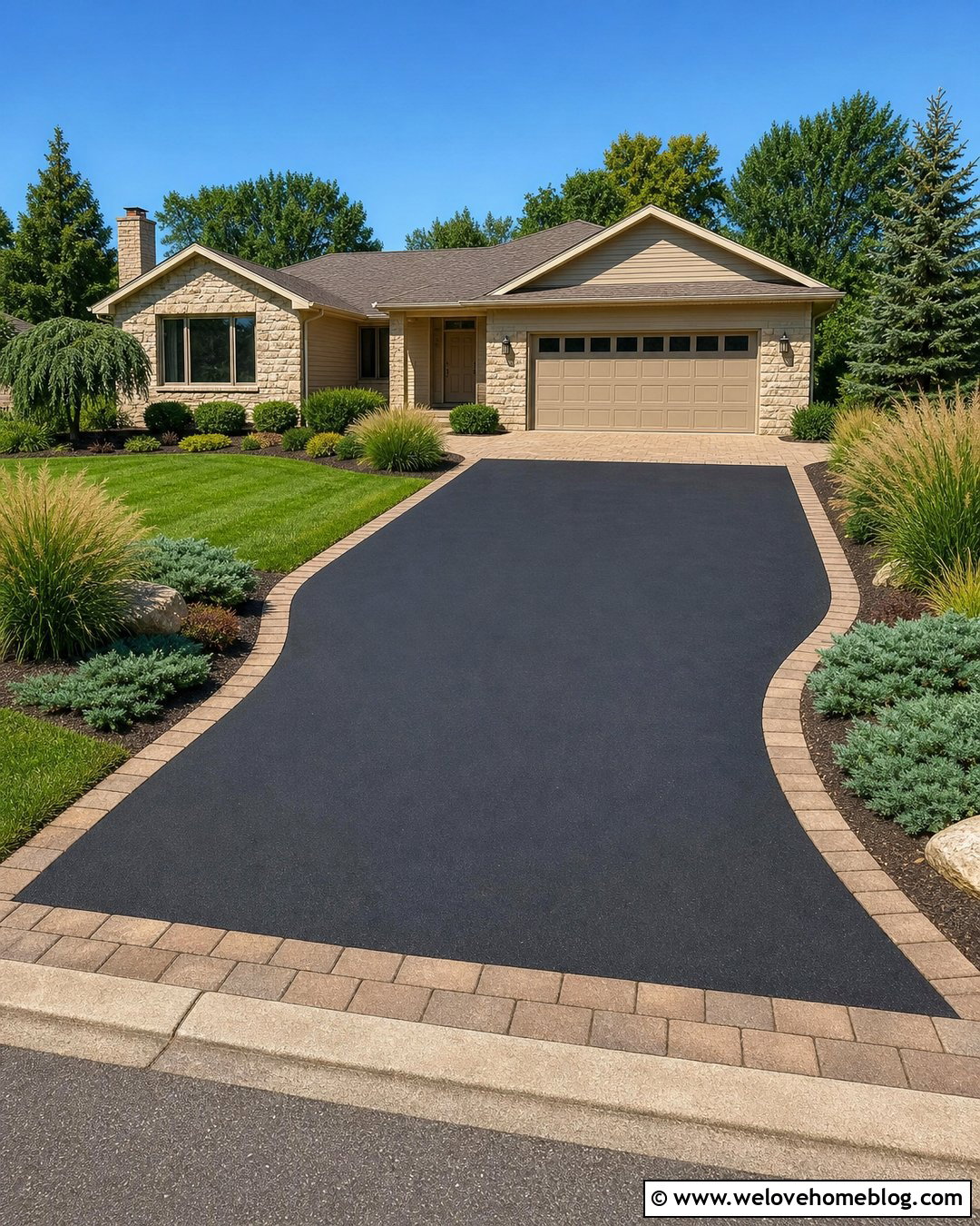 Tan Pavers Around a Black Asphalt Driveway - 20 Pavers Around Driveway Ideas