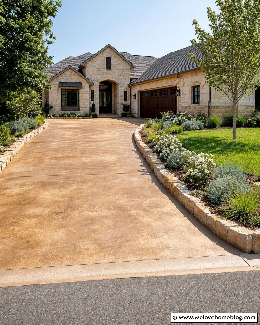 Tan Stained Concrete Driveway With Stone Edging - 35 concrete driveways ideas