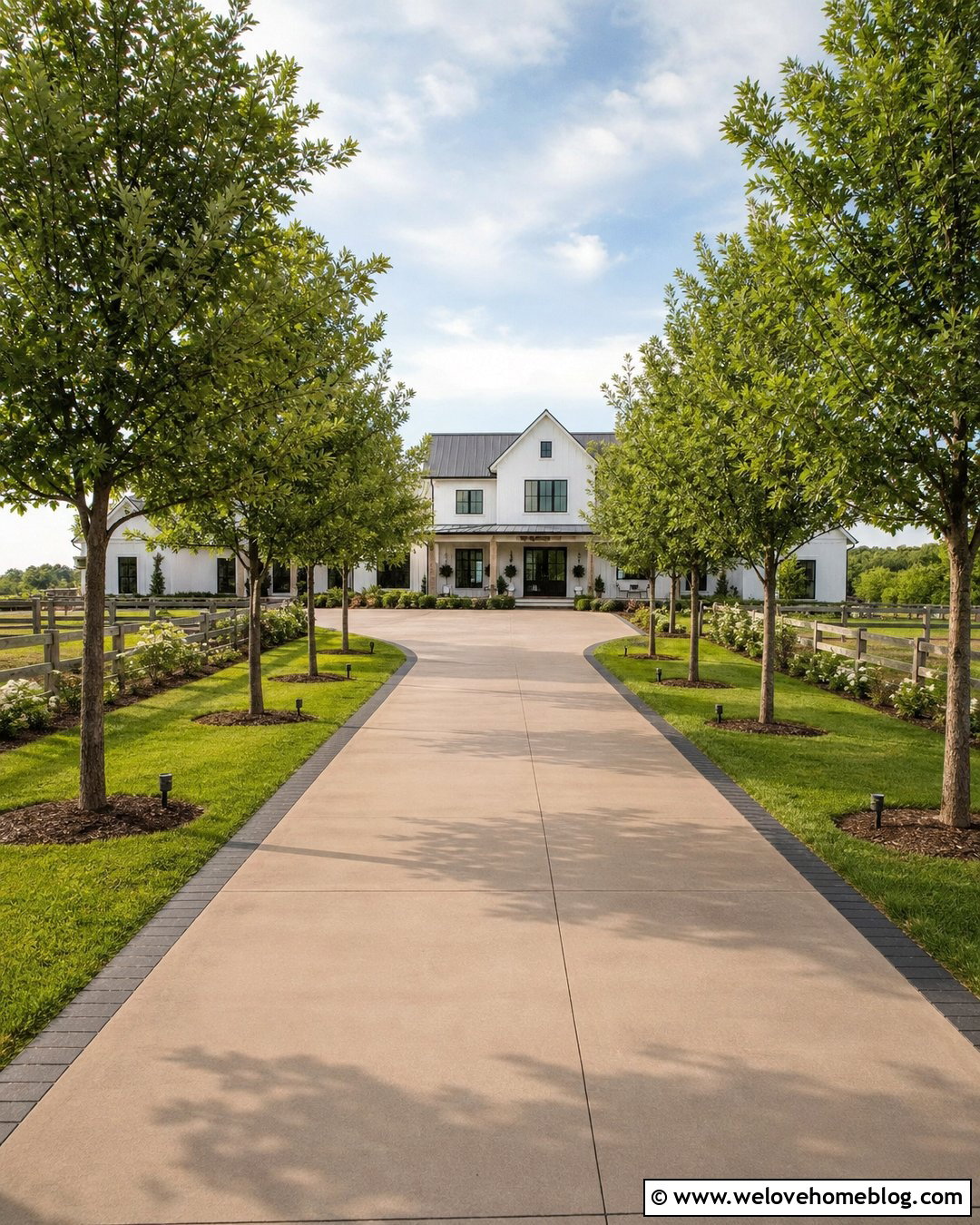 Taupe Painted Concrete Driveway With Tree Lined Entrance - 25 painted driveways concrete ideas