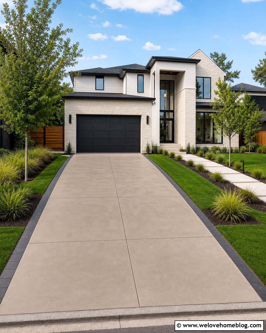 Taupe Stained Concrete Driveway With Minimal Landscaping - 20 Staining Concrete Driveway Ideas