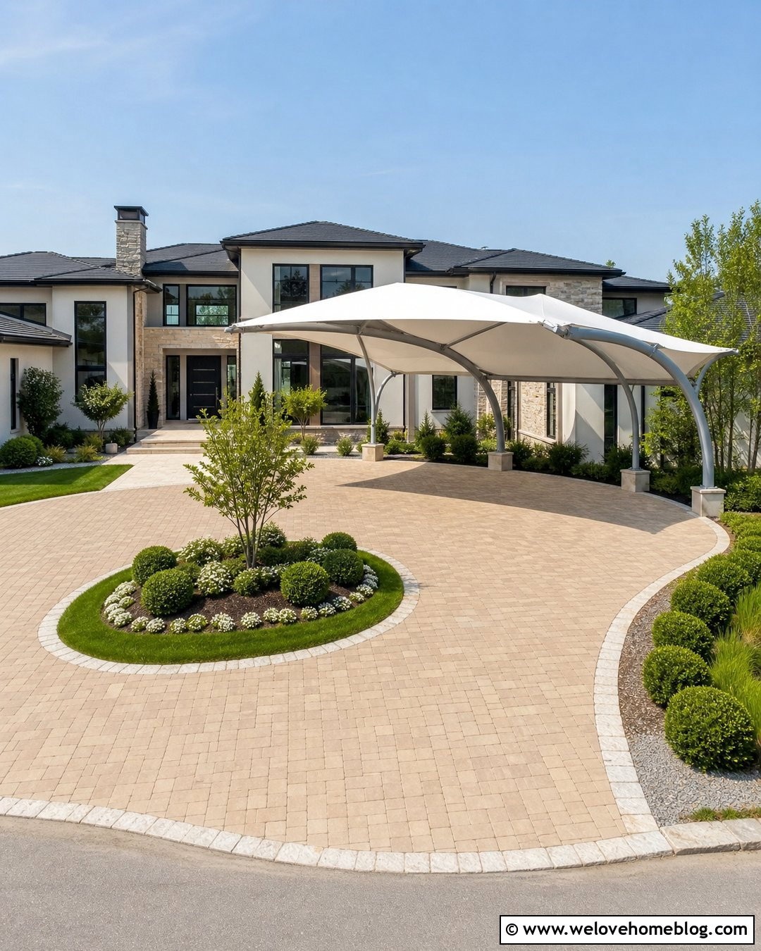 Tensioned Membrane Driveway Canopy - 20 Driveway Sun Shade Ideas