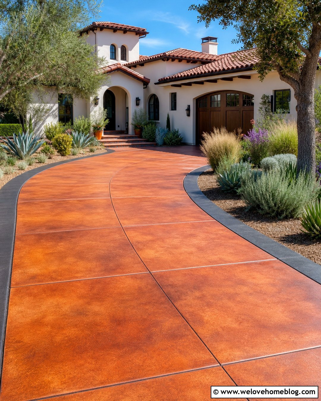 Terra Cotta Acid Stain Concrete Driveway With Stucco House