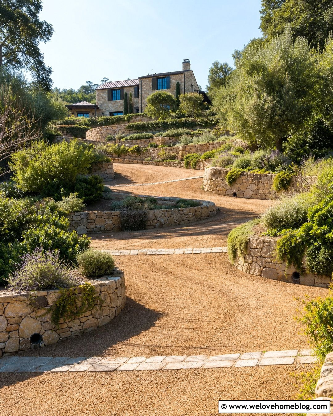 Terraced Gravel Driveway With Stone Walls - 20 Gravel Driveway On A Hill Ideas