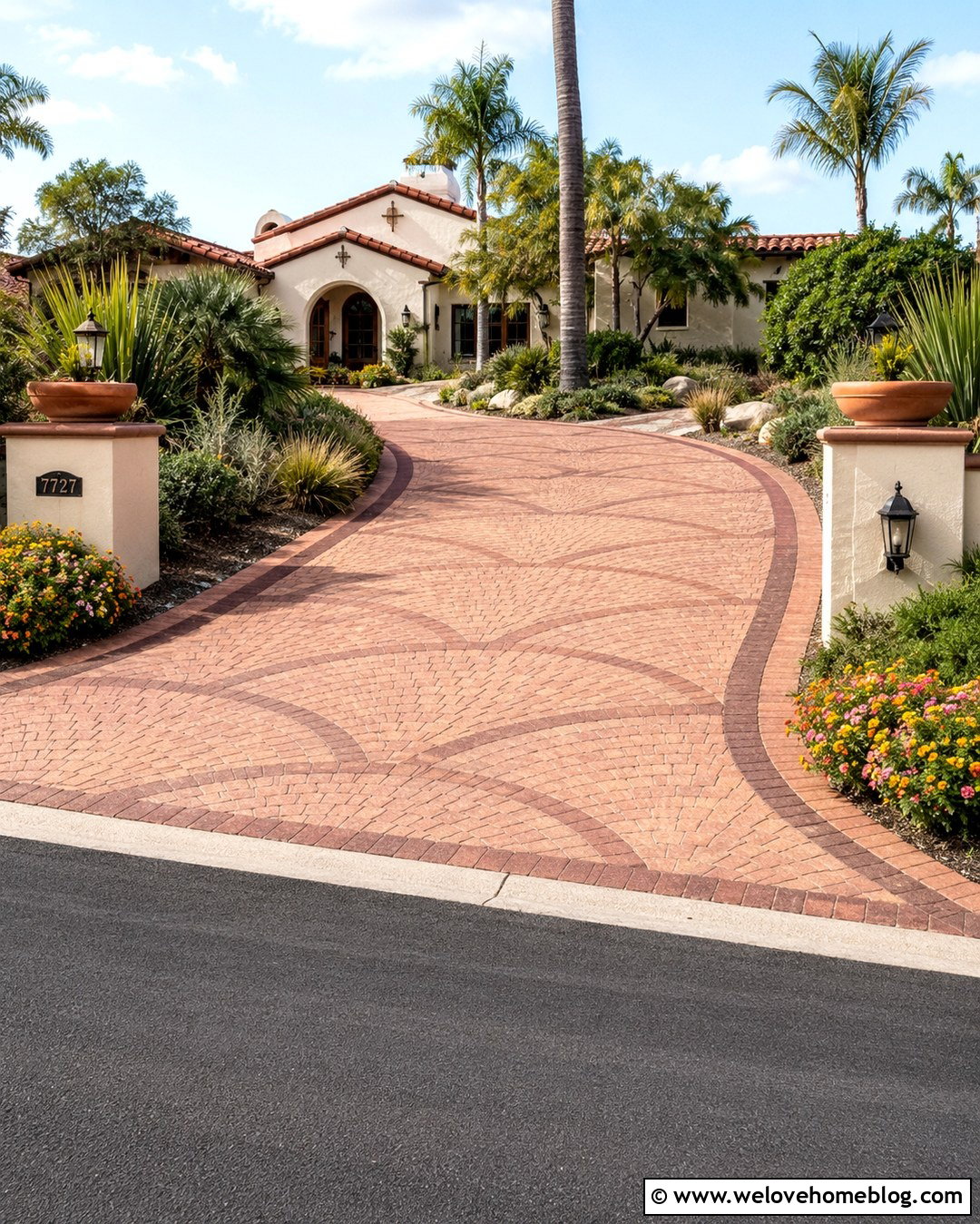 Terracotta Paver Driveway With Fan Pattern - 20 colorful paver driveway ideas