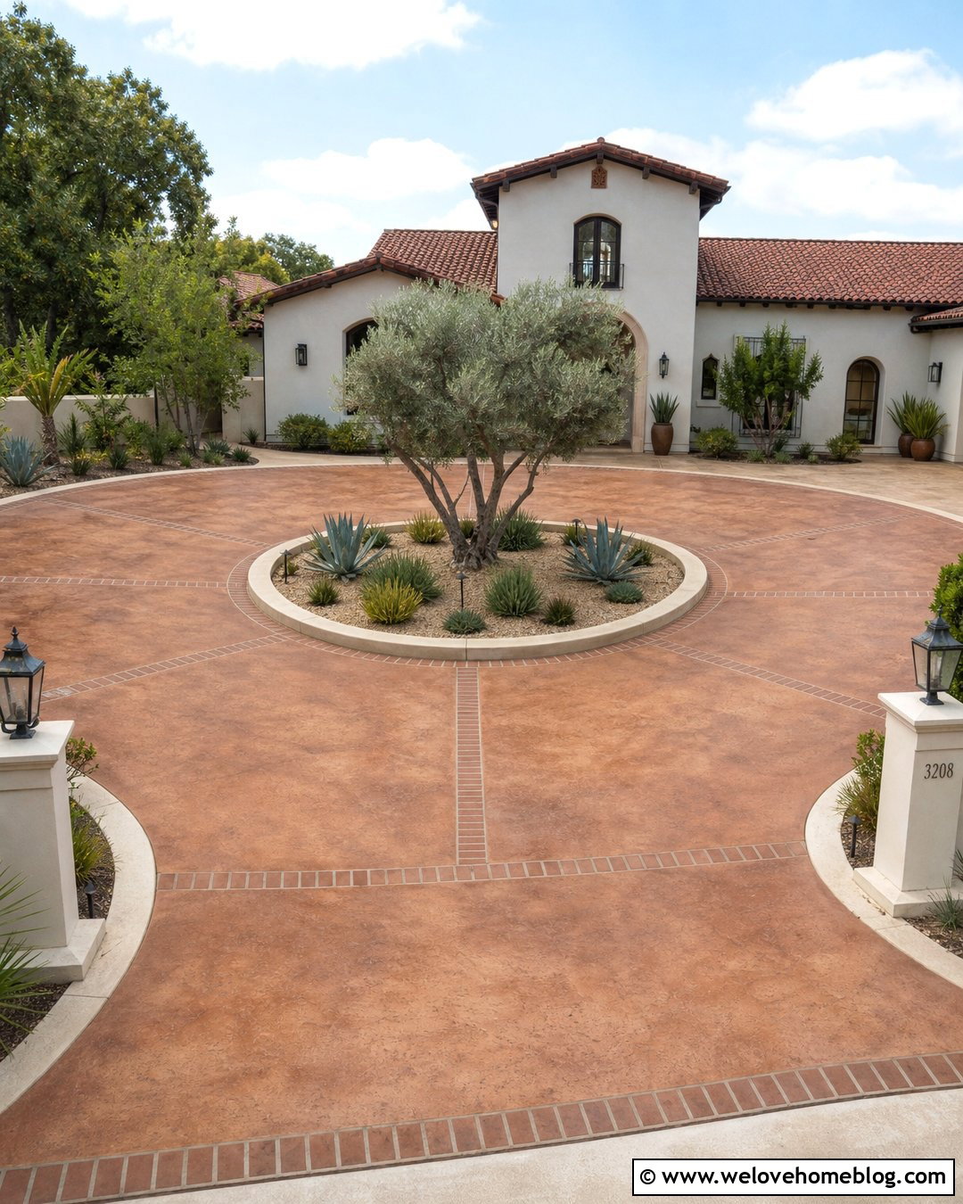Terracotta Stained Circular Concrete Driveway - 20 Staining Concrete Driveway Ideas