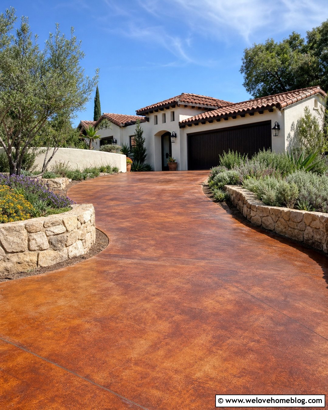Terracotta Stained Concrete Driveway With Stone Walls - 30 Stained Concrete Driveway Ideas
