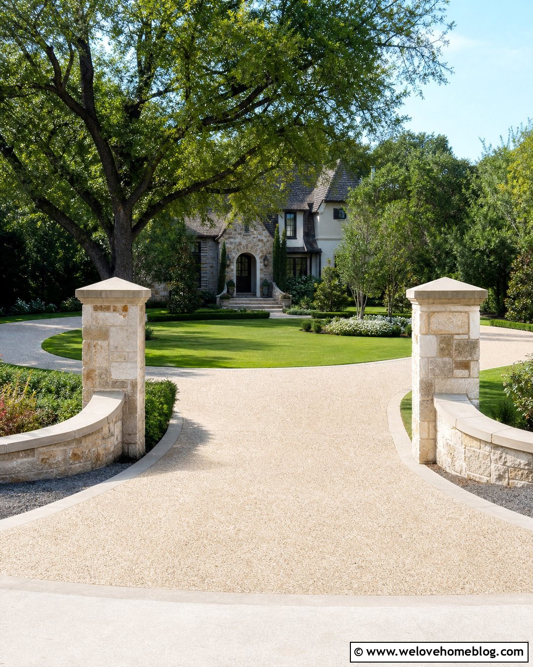 Terrazzo Horseshoe Driveway With Stone Pillars - 20 Terrazo Driveway Ideas