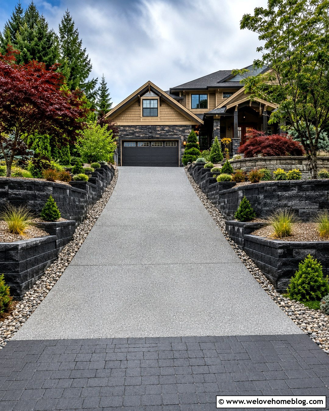 Textured Concrete Driveway With Retaining Walls - 20 Driveway For Sloped Yard Ideas