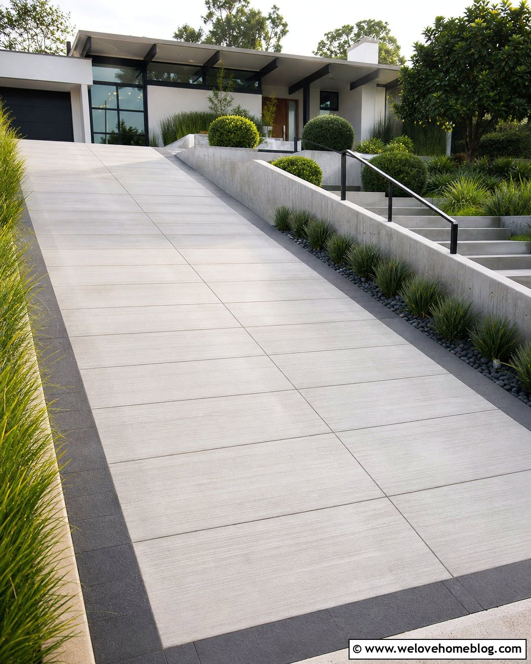 Textured Concrete Sloped Driveway - 35 Sloped Driveway Solutions Ideas