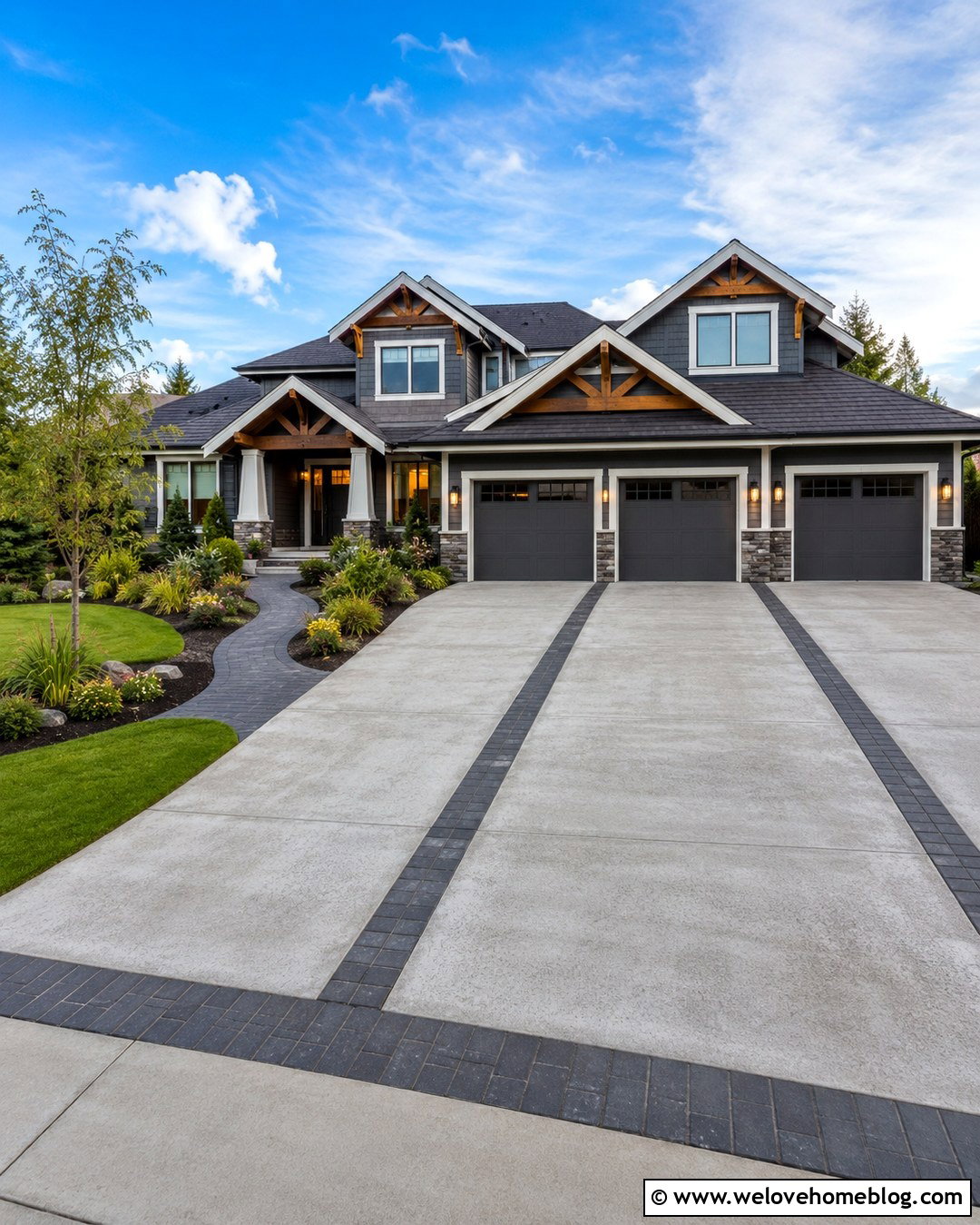 Three Car Concrete Driveway With A Front Walkway