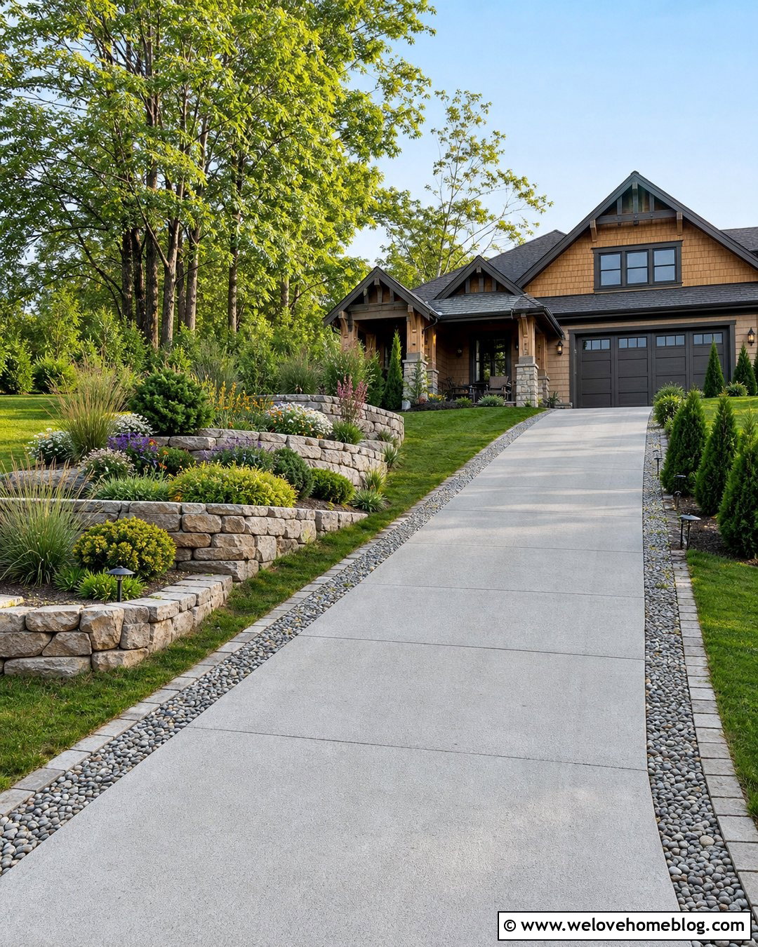 Tiered Stone Planters Beside a Concrete Driveway - 20 Planter For Sloped Driveway Ideas