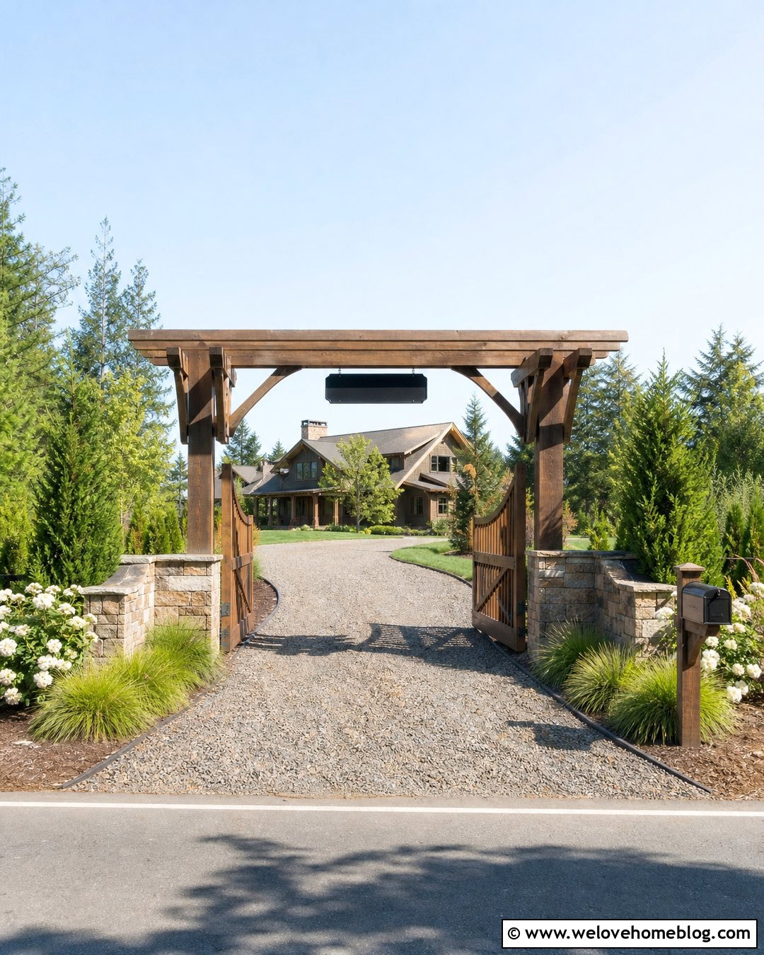 Timber Frame Driveway Entrance With Address Sign - 20 Timber Frame Driveway Entrance Ideas