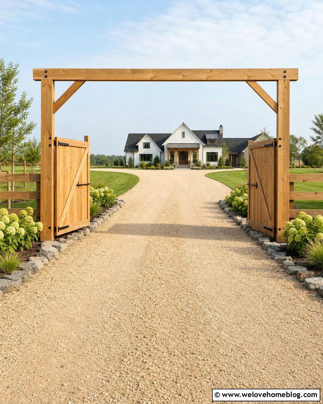Timber Frame Driveway Entrance With Double Swing Gates - 20 Timber Frame Driveway Entrance Ideas