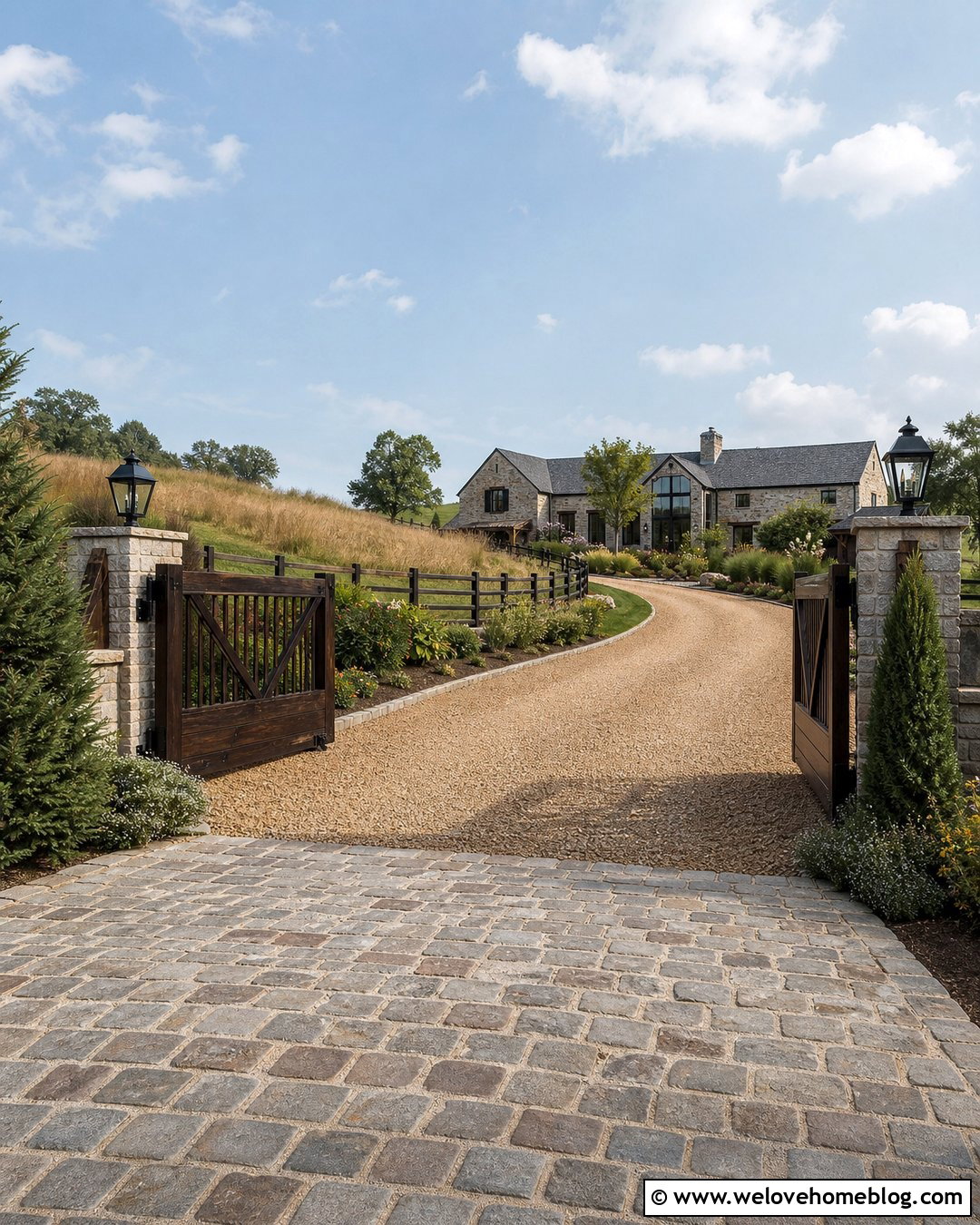 Timber Gate With Cobblestone Apron - 30 farm gates entrance driveways country ideas