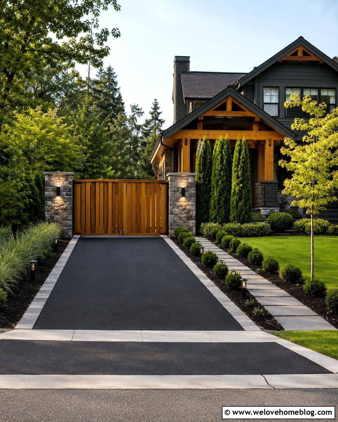 Timber Gate With Driveway Lighting - 20 Timber Gates Driveway Ideas