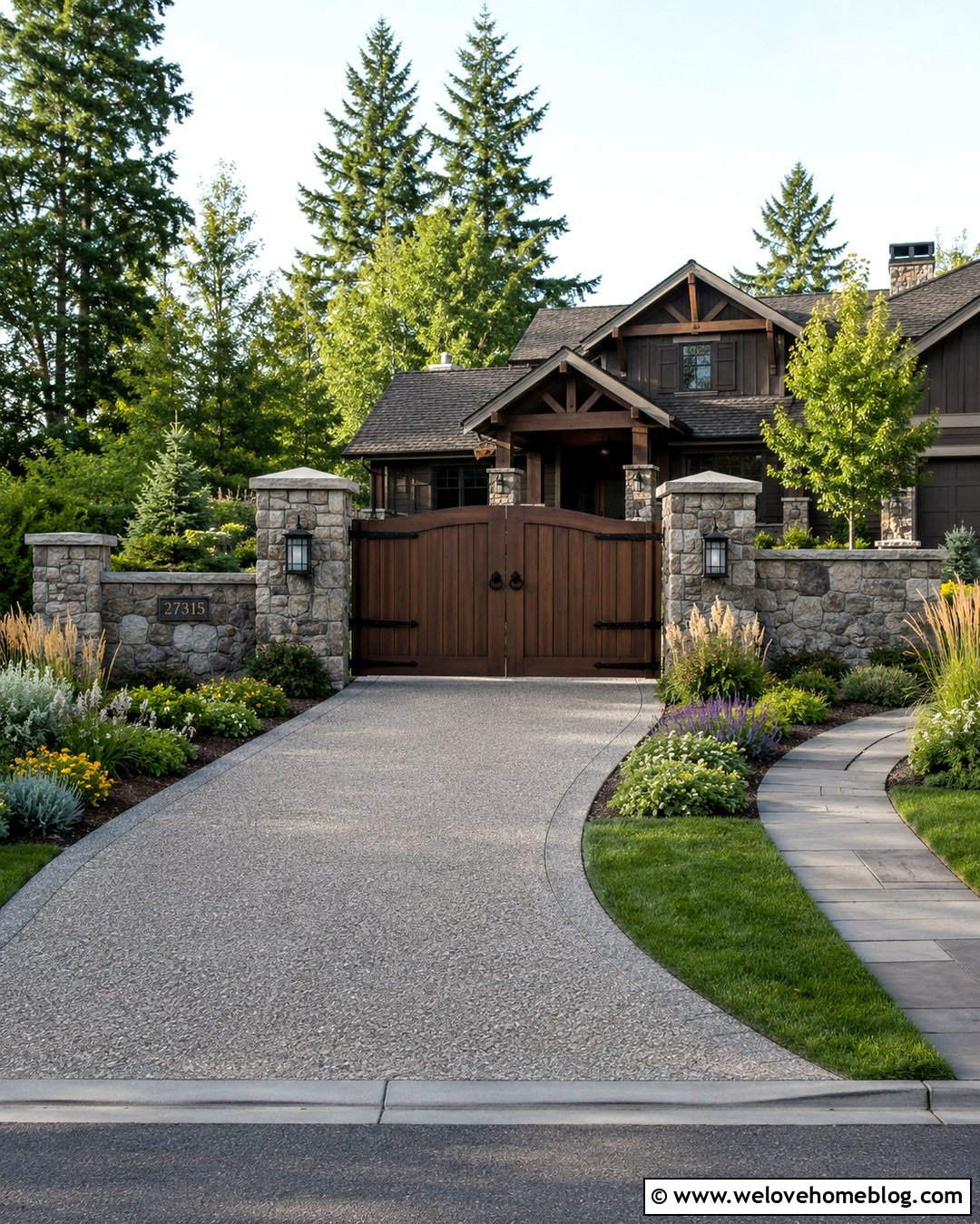 Timber Gate With Stone Driveway Pillars