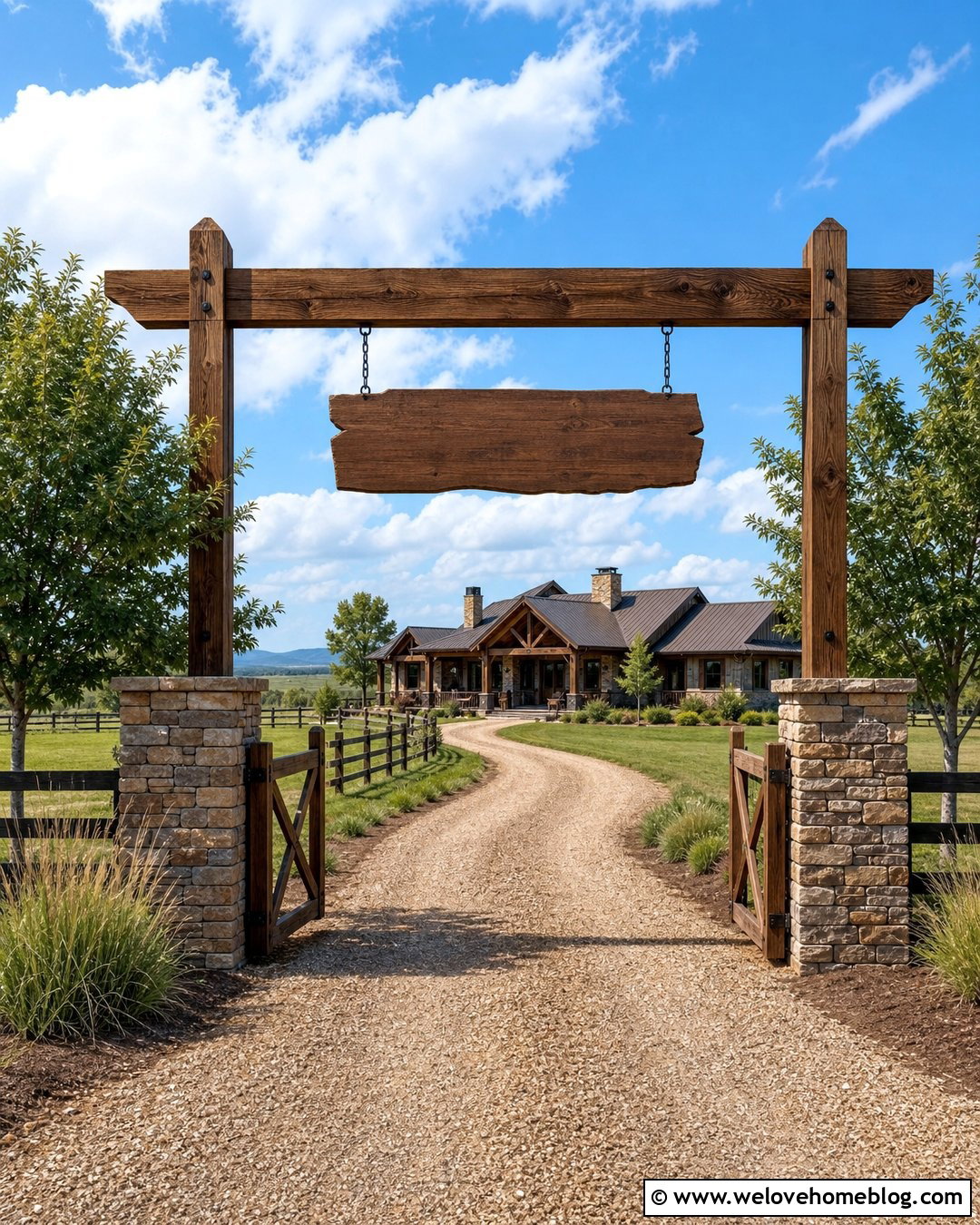 Timber Post Driveway Entrance With Hanging Sign - 25 Rural Driveway Entrance Ideas