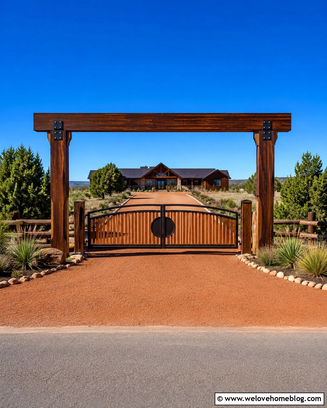 Timber Ranch Gate With Overhead Entrance Beam - 20 ranch style gates driveway entrance ideas