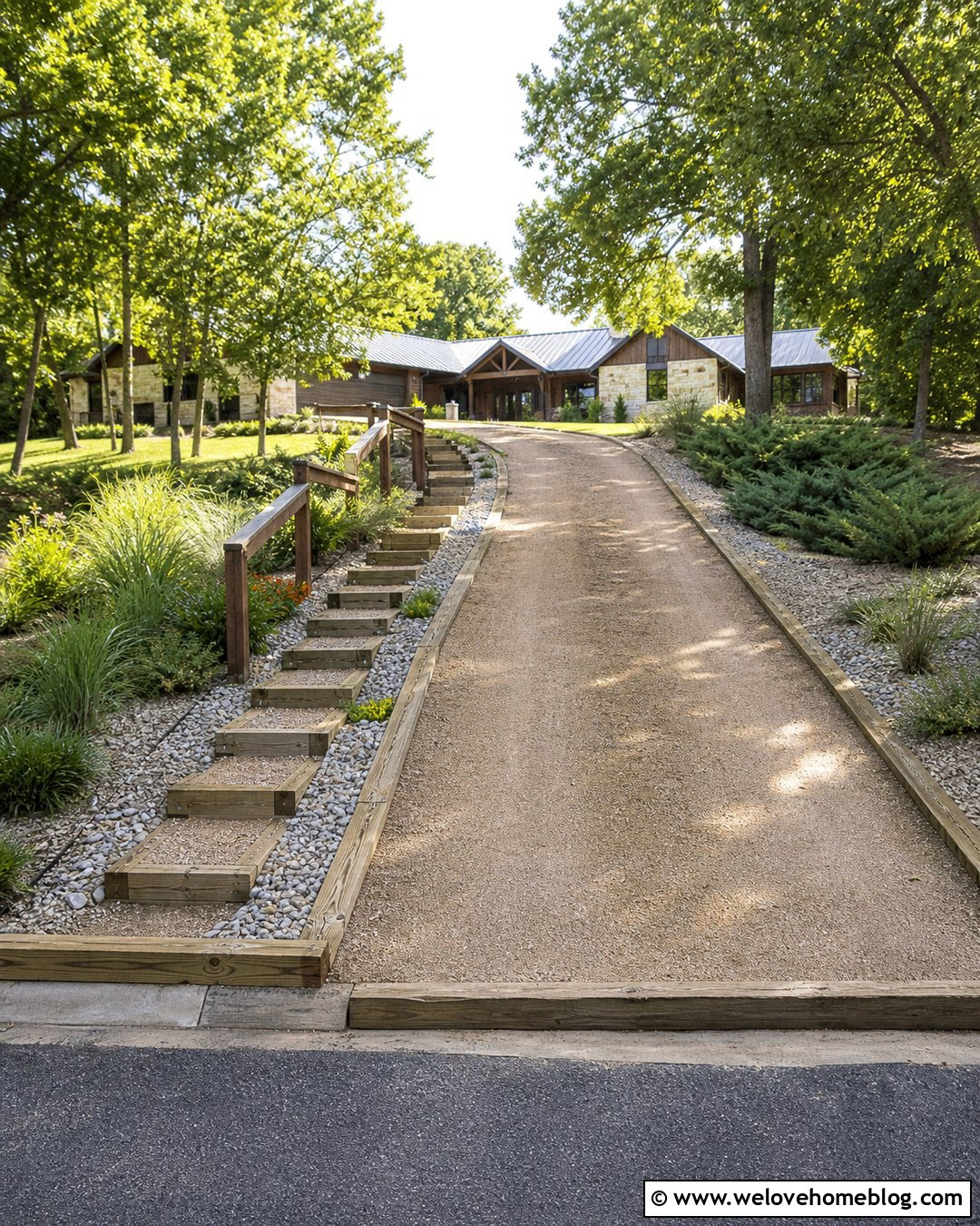 Timber Steps Beside a Gravel Driveway - 20 Steep Driveway Steps Ideas