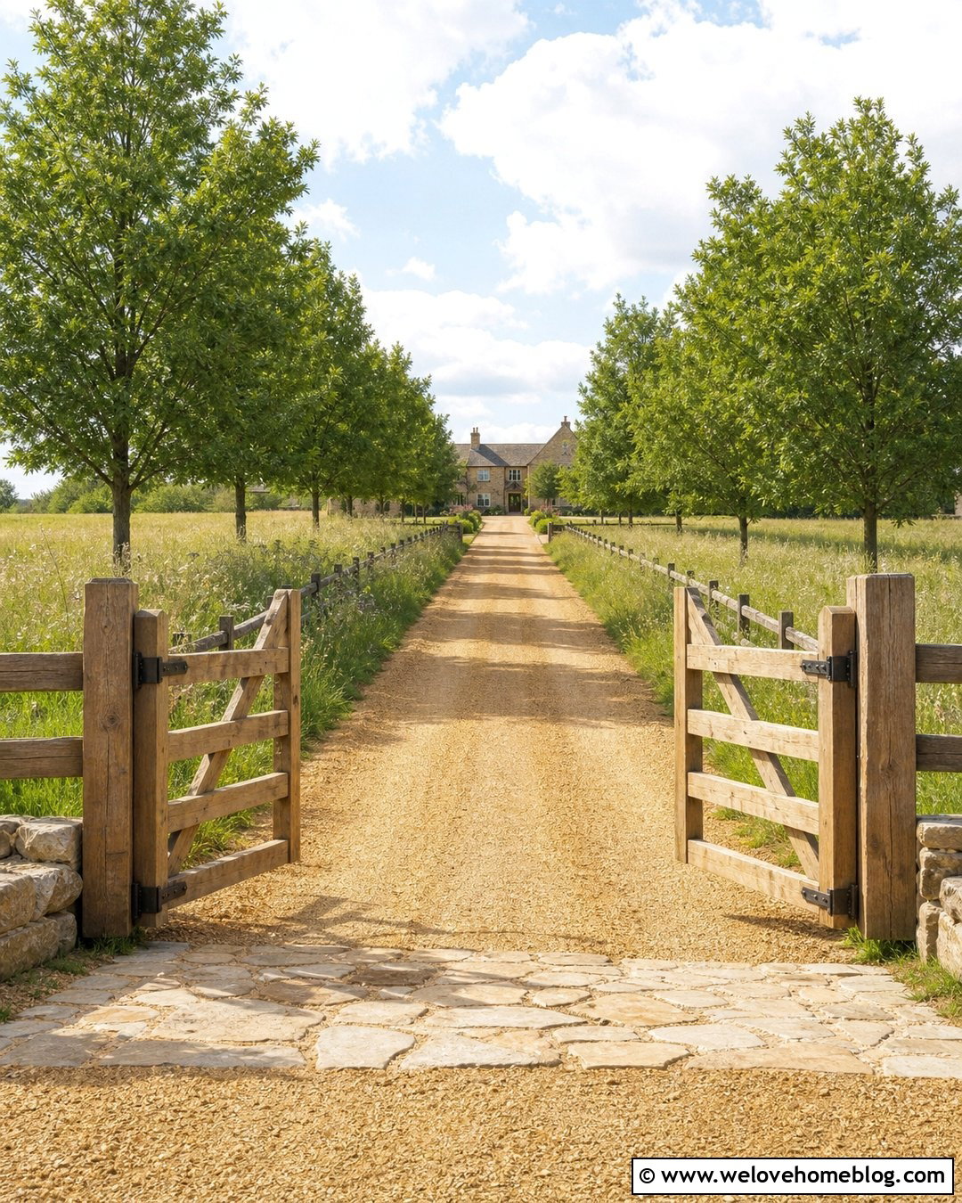 Timber Wooden Driveway Gate With A Long Gravel Driveway - 35 Wooden Driveway Gates Ideas