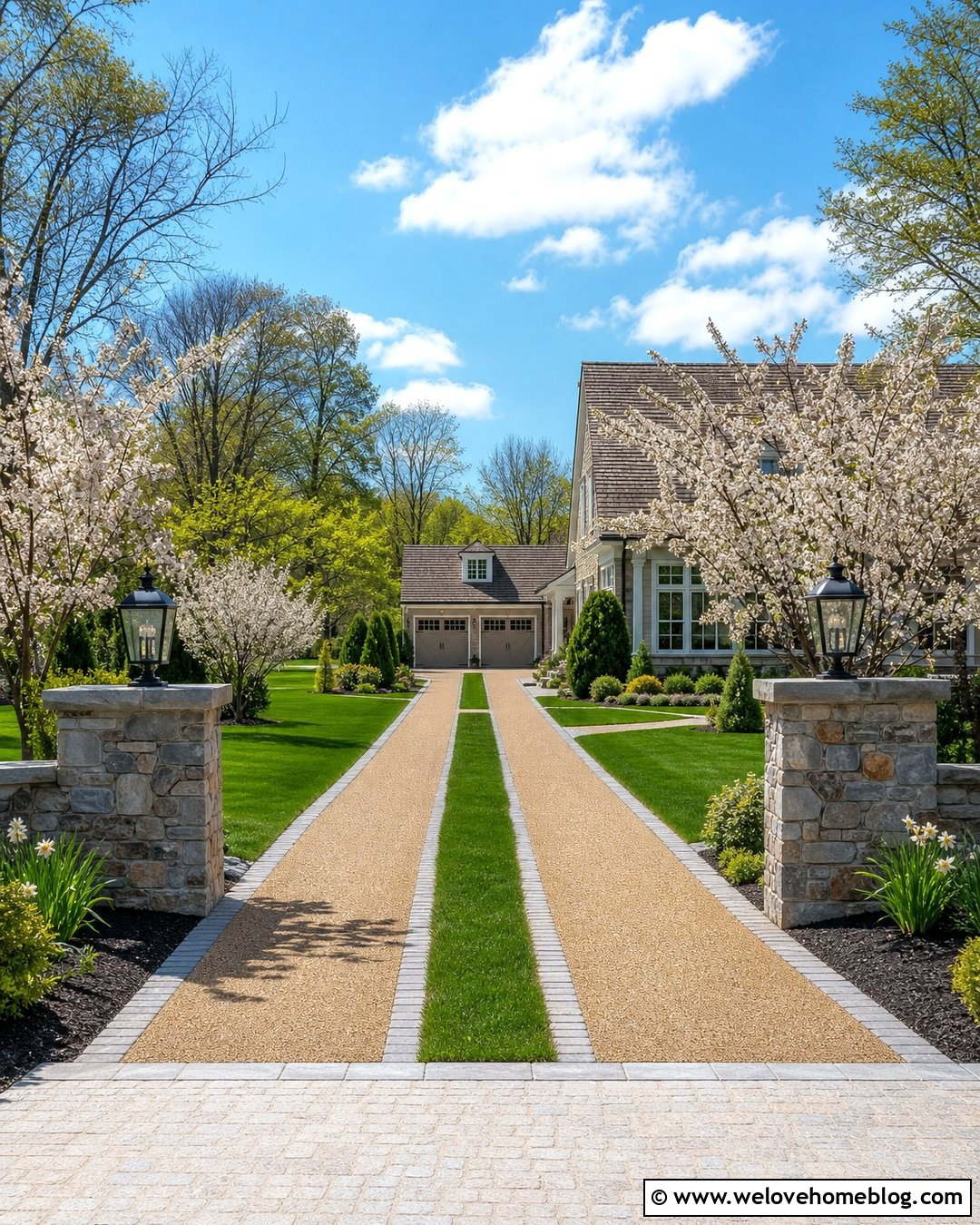 Tire Track Driveway With Stone Pillar Entrance - 20 Tire Track Driveway Ideas