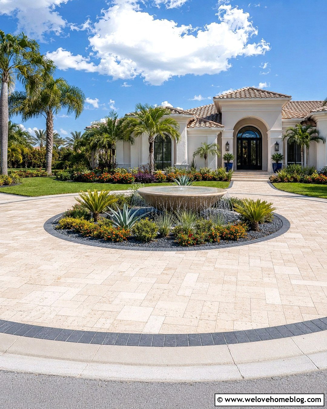 Travertine Circle Driveway With Bowl Fountain - 20 circle driveway with fountain ideas