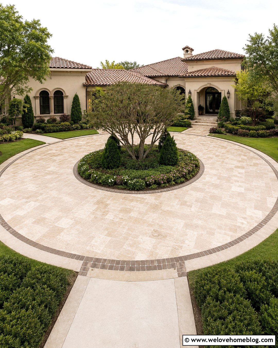 Travertine Look Circular Tiled Driveway - 20 Tiled Driveway Ideas