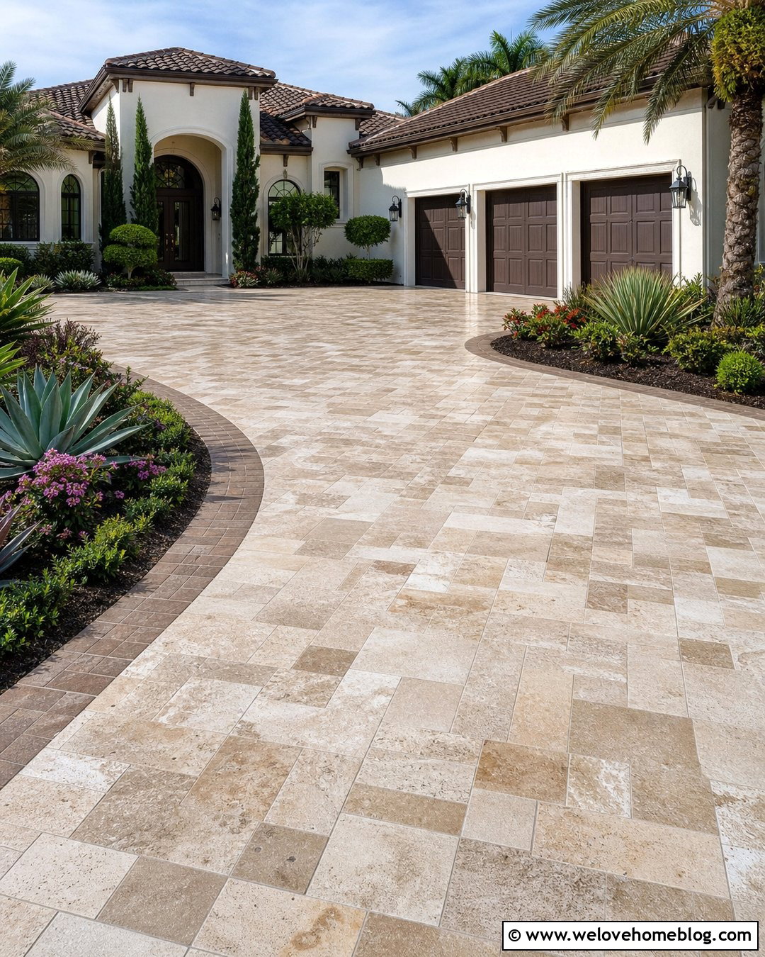 Travertine Paver Driveway For Warm Climate Home - 35 Paver Driveway Ideas