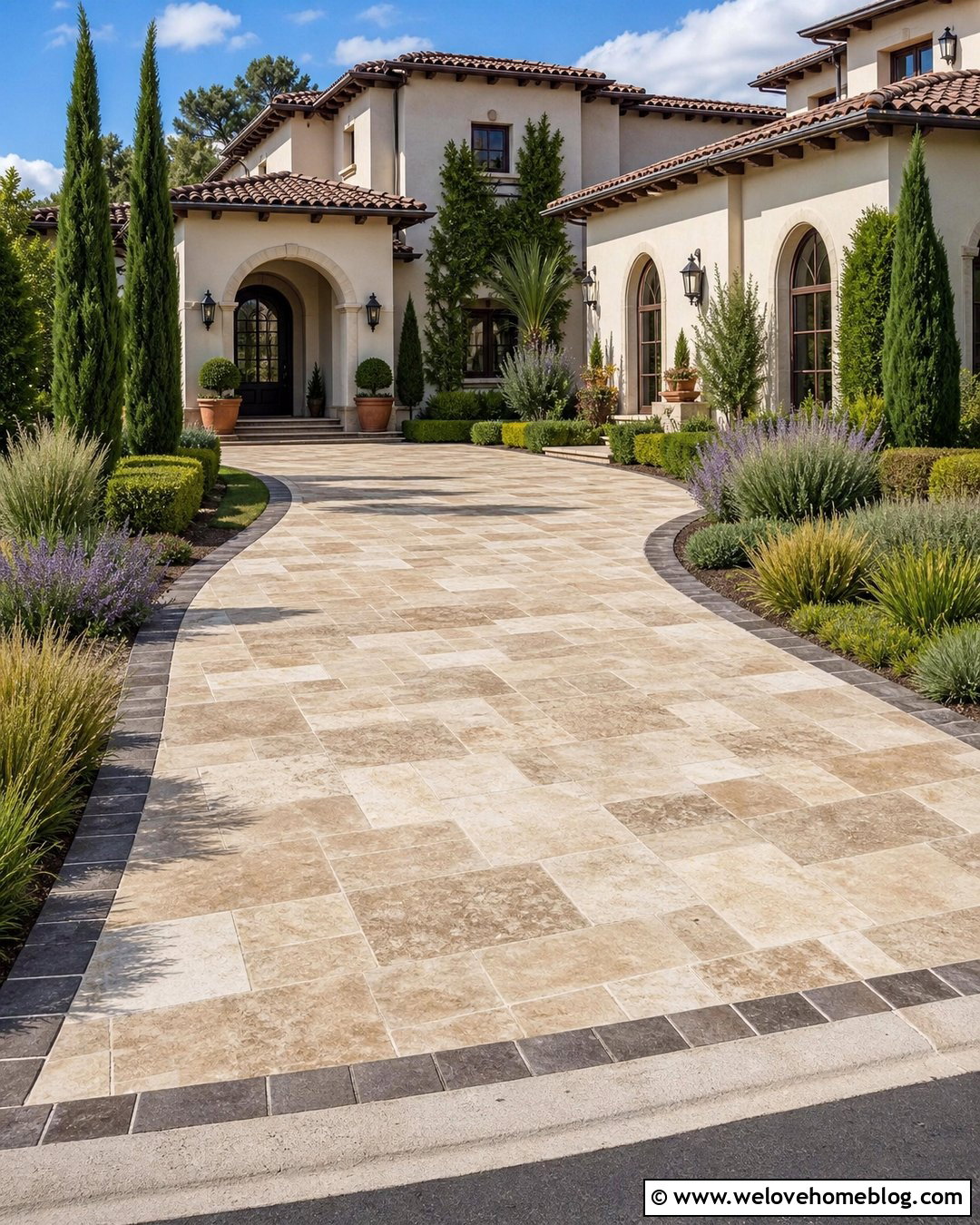 Travertine Paver Driveway With Mediterranean Landscaping - 30 Driveway Installation Ideas