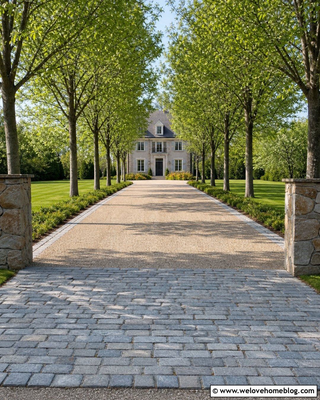 Tree Lined Cobblestone Driveway Entrance - 30 Cobble Stone Driveway Entrance Ideas
