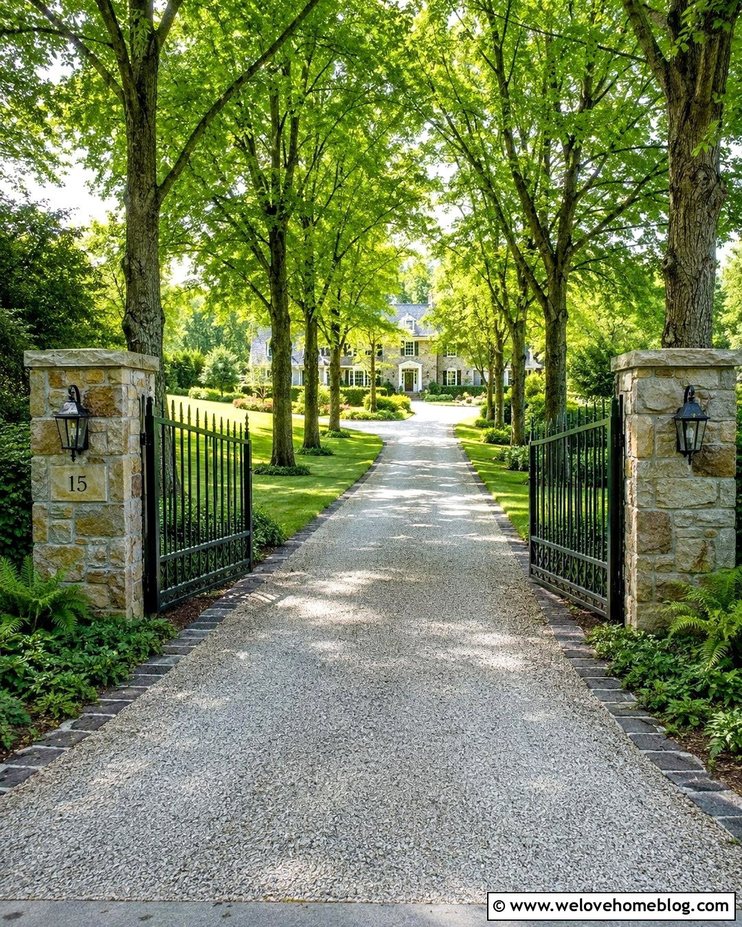 Tree Lined Gated Entrance With Long Gravel Driveway - 20 Private Gated Driveway Entrance Ideas