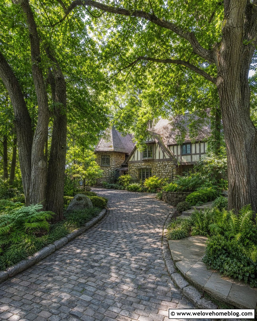 Tree Tunnel Cobblestone Driveway - 40 Tree Lined Driveway Ideas