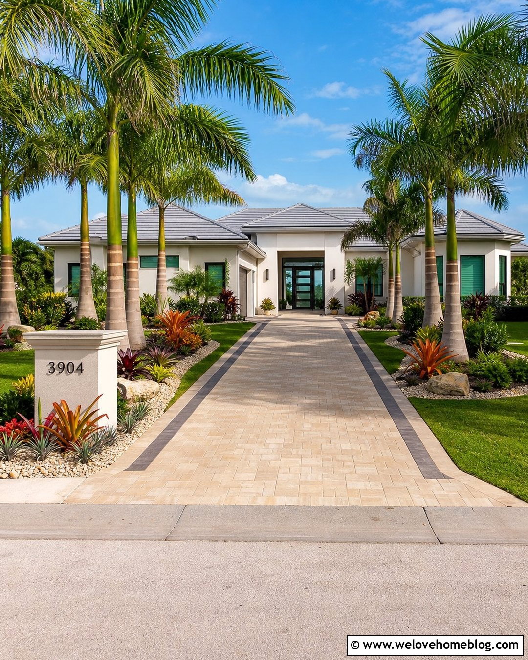 Tropical Driveway Entrance With Palm Landscaping